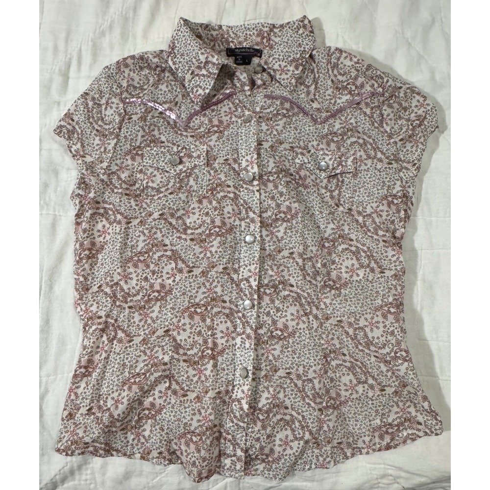 My Michelle Pink Floral Paisley Sequin Western Snap Front Top Large 9022FP3J